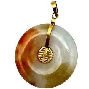 Vintage Chinese Jade "Bi Disc" Pendant 14K "585" Yellow Gold Long Life Symbol